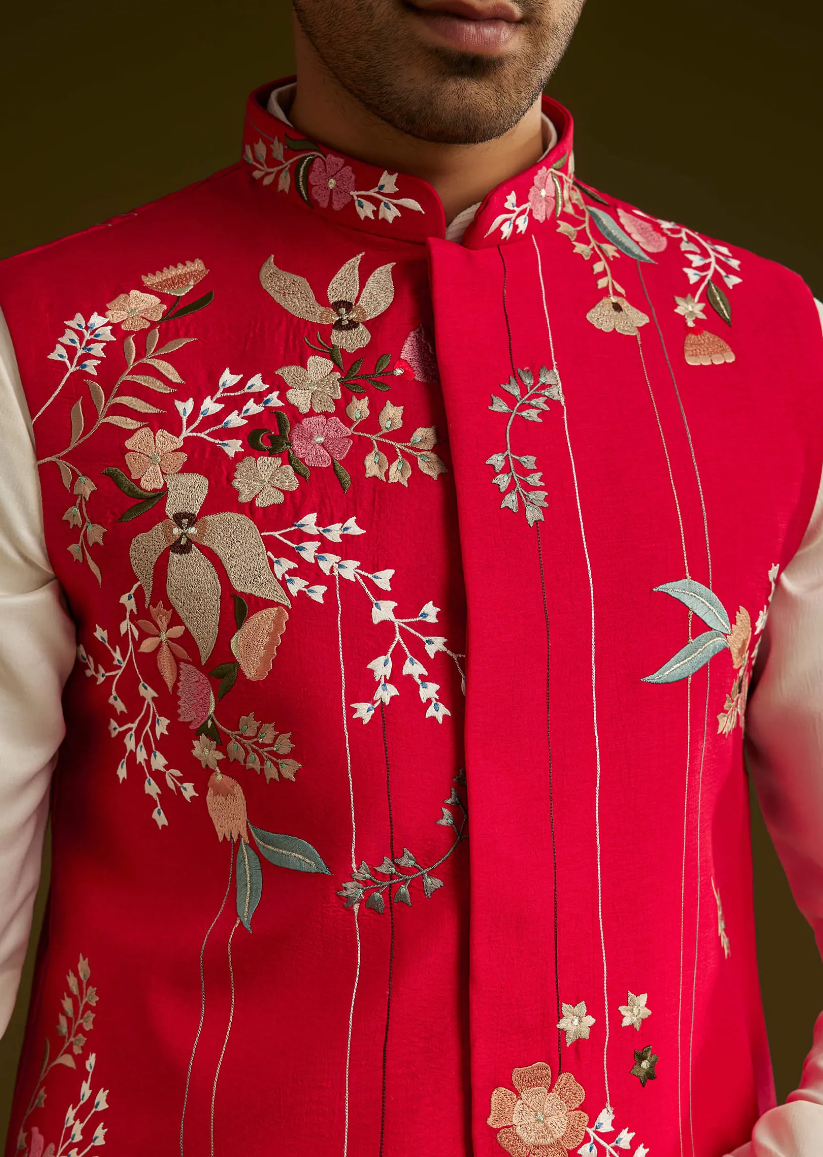 Red Cotton Silk Kurta Set With Nature Motif Jacket