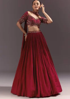 Red Crepe Hand Embroidered Lehenga Set With Dupatta