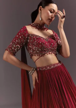 Red Crepe Hand Embroidered Lehenga Set With Dupatta