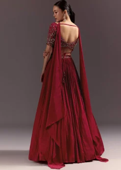 Red Crepe Hand Embroidered Lehenga Set With Dupatta