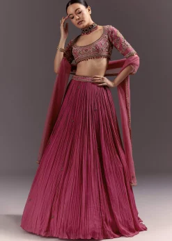 Red Crepe Lehenga Set With Hand Embroidery And Beads
