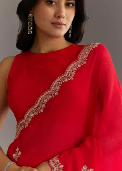 Red Crushed Tissue Embroidered Saree With Scallop Border