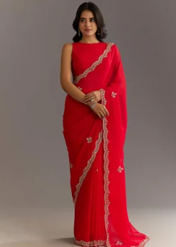Red Crushed Tissue Embroidered Saree With Scallop Border
