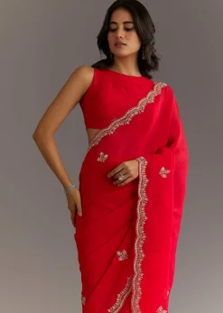 Red Crushed Tissue Embroidered Saree With Scallop Border