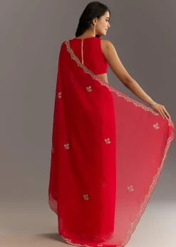 Red Crushed Tissue Embroidered Saree With Scallop Border