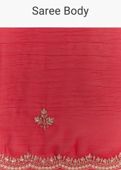 Red Crushed Tissue Embroidered Saree With Scallop Border