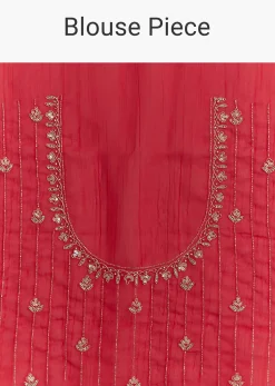Red Crushed Tissue Embroidered Saree With Scallop Border