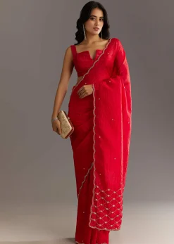 Red Crushed Tissue Embroidered Saree With Cutdana And Sequin Work