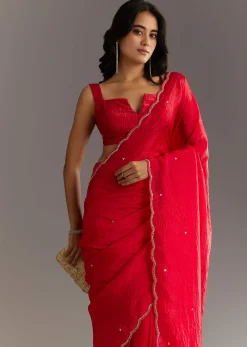 Red Crushed Tissue Embroidered Saree With Cutdana And Sequin Work