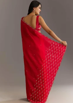 Red Crushed Tissue Embroidered Saree With Cutdana And Sequin Work