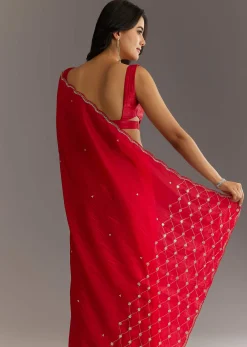 Red Crushed Tissue Embroidered Saree With Cutdana And Sequin Work