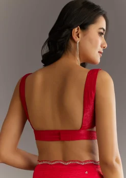 Red Crushed Tissue Embroidered Saree With Cutdana And Sequin Work