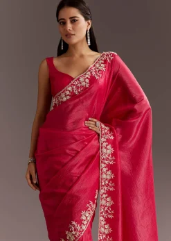 Red Crushed Tissue Saree With Floral Embroidery And Scallop Border