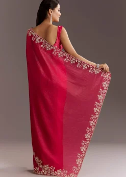 Red Crushed Tissue Saree With Floral Embroidery And Scallop Border