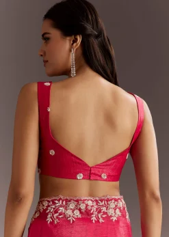 Red Crushed Tissue Saree With Floral Embroidery And Scallop Border
