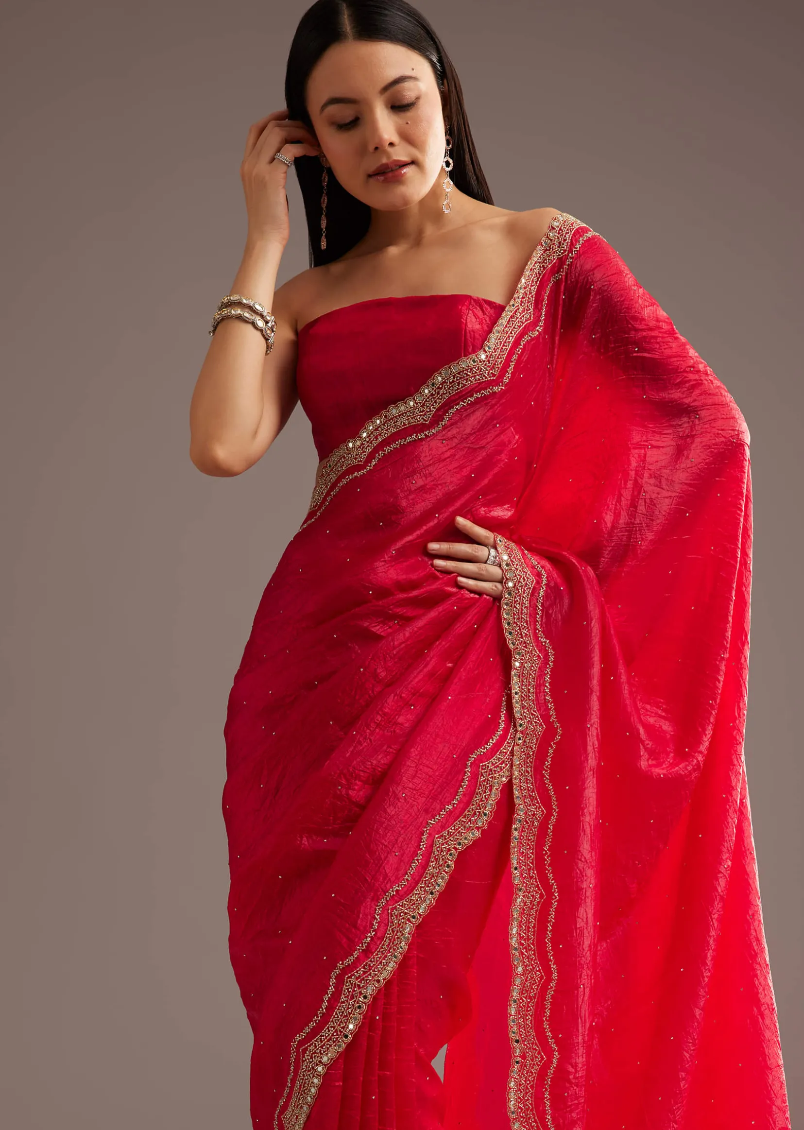 Red Crushed Tissue Silk Saree With Cutdana Scallop Border