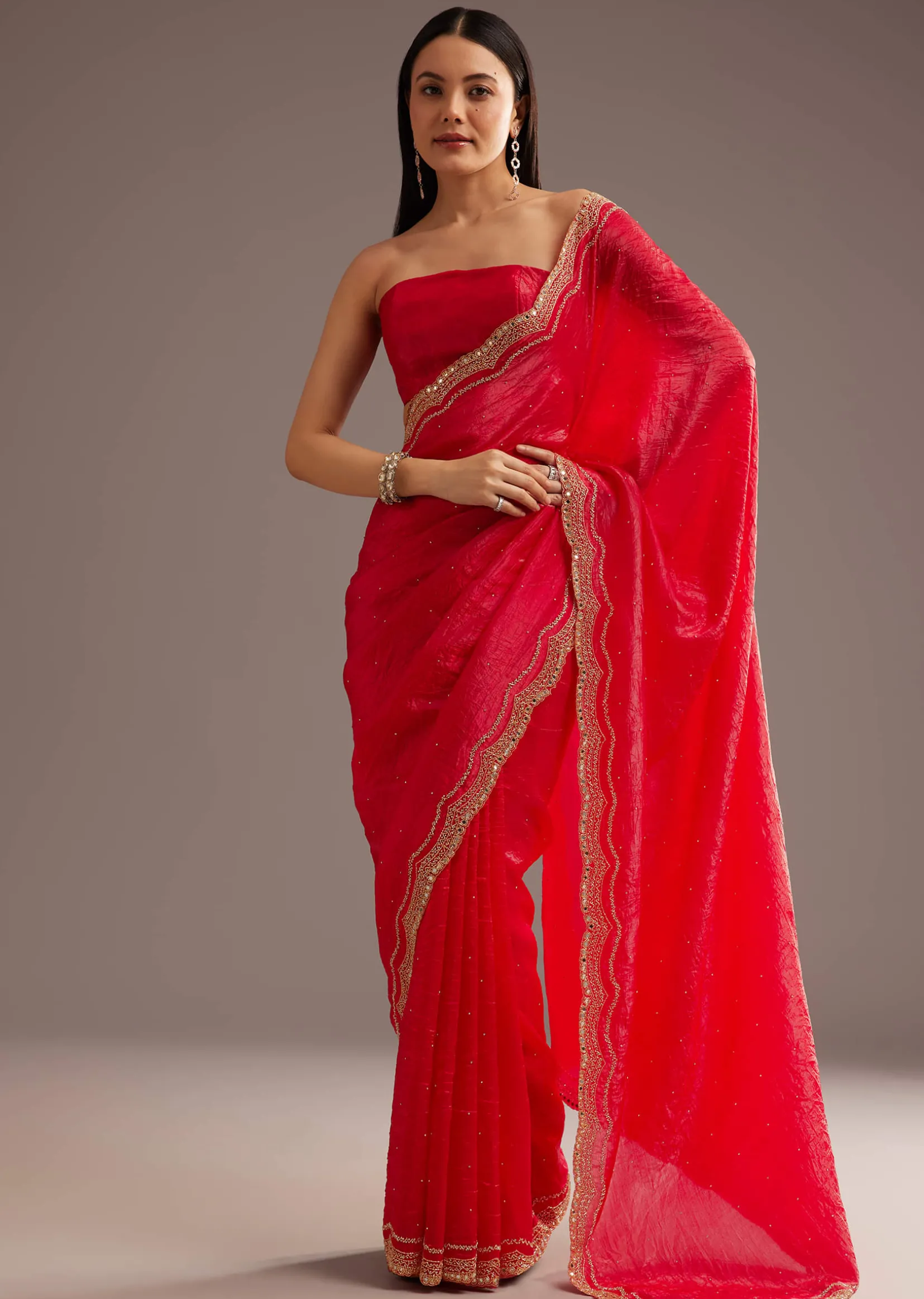 Red Crushed Tissue Silk Saree With Cutdana Scallop Border