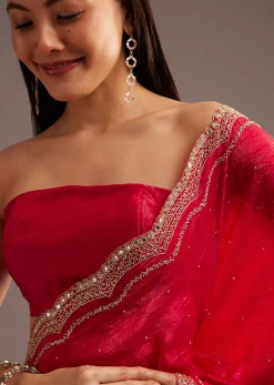 Red Crushed Tissue Silk Saree With Cutdana Scallop Border