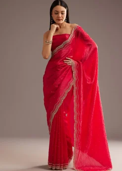 Red Crushed Tissue Silk Saree With Cutdana Scallop Border