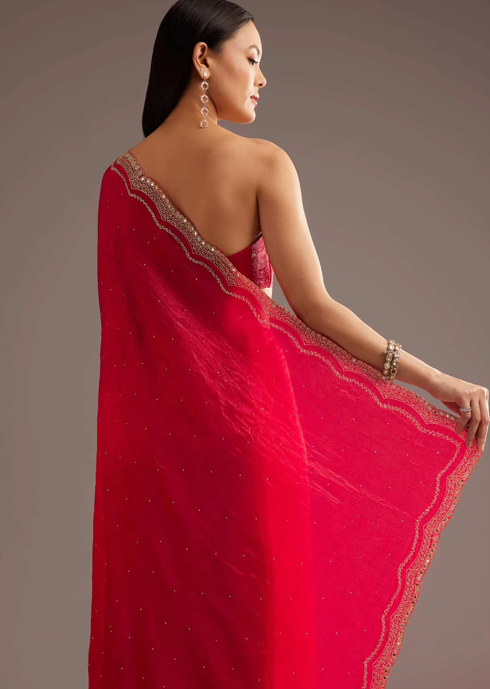 Red Crushed Tissue Silk Saree With Cutdana Scallop Border
