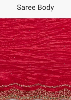 Red Crushed Tissue Silk Saree With Cutdana Scallop Border