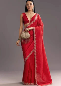 Red Crushed Tissue Stone Embellished Saree With Cutdana Scallop Border