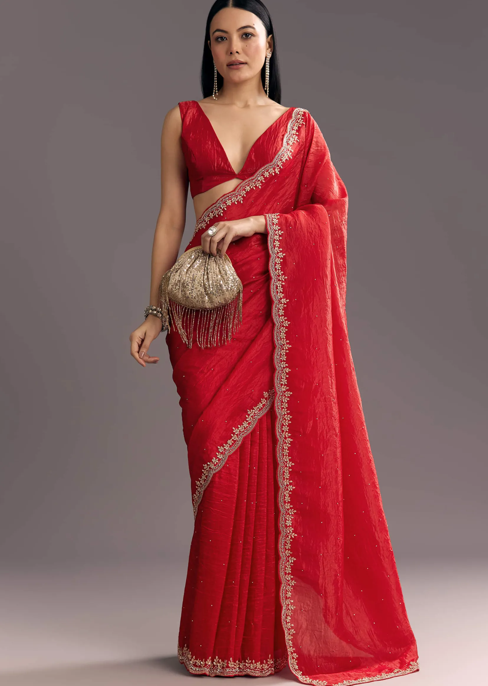 Red Crushed Tissue Stone Embellished Saree With Cutdana Scallop Border
