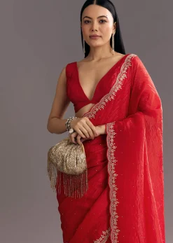 Red Crushed Tissue Stone Embellished Saree With Cutdana Scallop Border