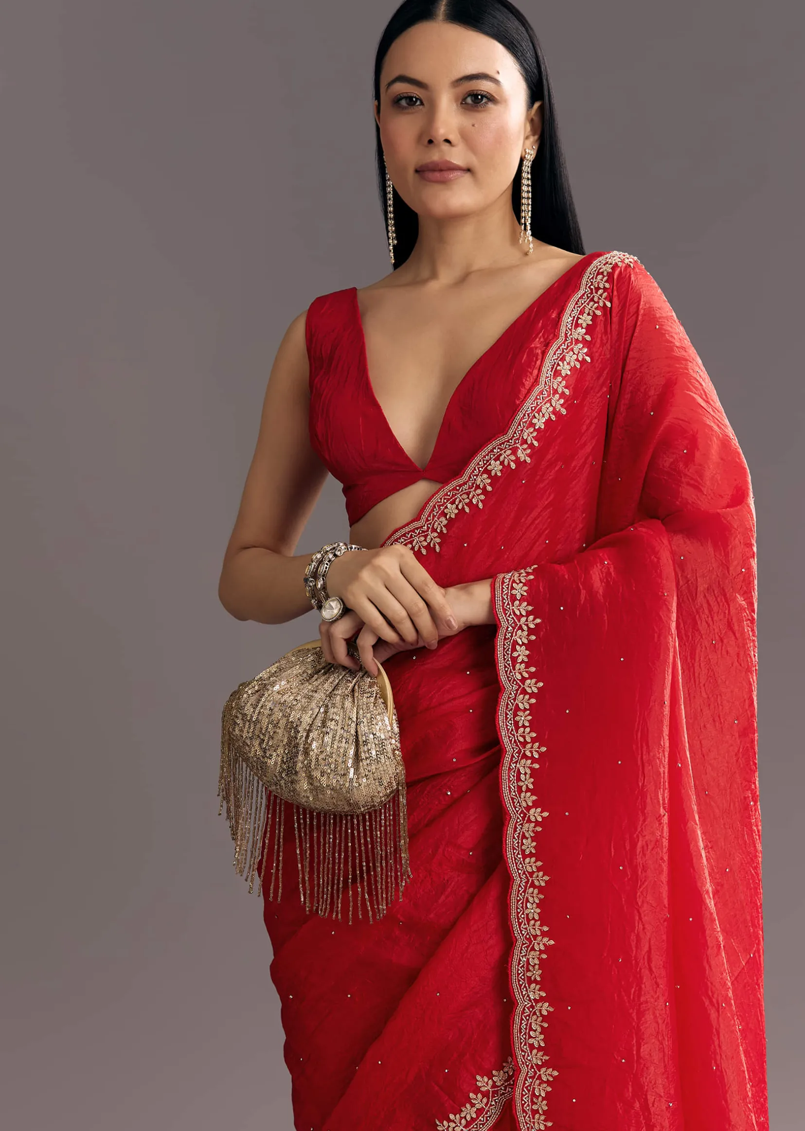 Red Crushed Tissue Stone Embellished Saree With Cutdana Scallop Border