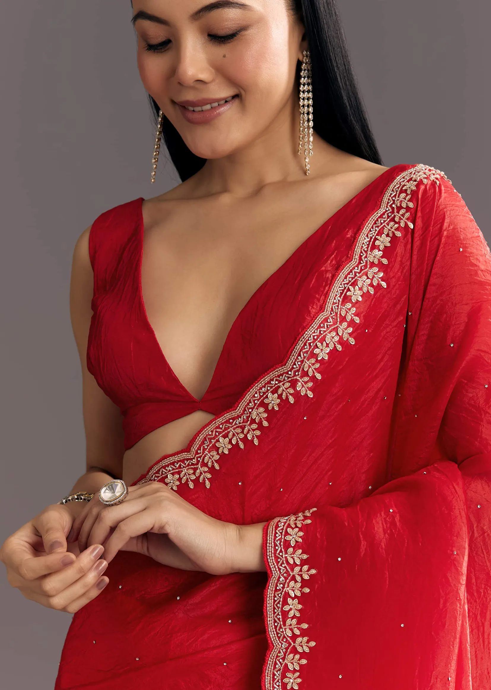Red Crushed Tissue Stone Embellished Saree With Cutdana Scallop Border