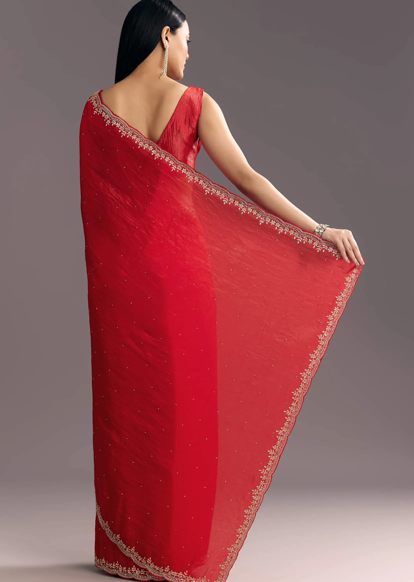 Red Crushed Tissue Stone Embellished Saree With Cutdana Scallop Border