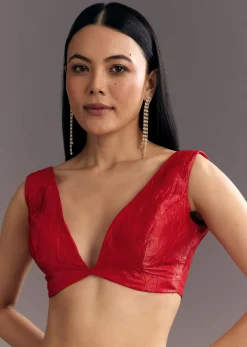 Red Crushed Tissue Stone Embellished Saree With Cutdana Scallop Border