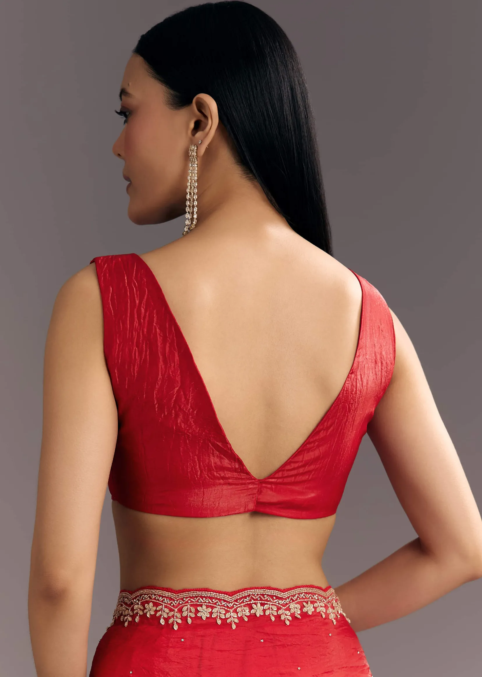 Red Crushed Tissue Stone Embellished Saree With Cutdana Scallop Border
