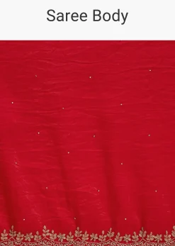 Red Crushed Tissue Stone Embellished Saree With Cutdana Scallop Border