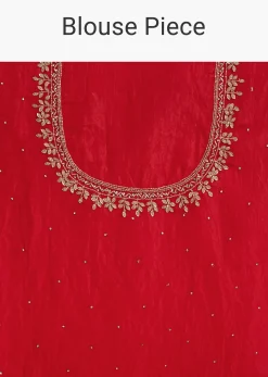 Red Crushed Tissue Stone Embellished Saree With Cutdana Scallop Border