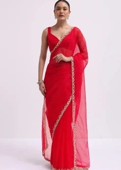 Red Cut Work Organza Saree With Unstitched Blouse