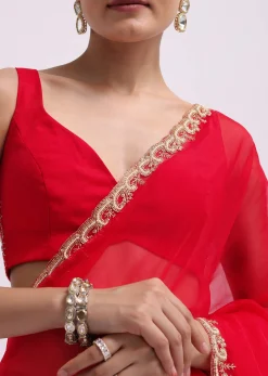 Red Cut Work Organza Saree With Unstitched Blouse