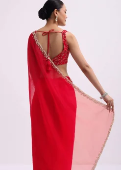 Red Cut Work Organza Saree With Unstitched Blouse
