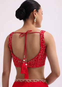 Red Cut Work Organza Saree With Unstitched Blouse