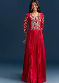 Red Dola Silk Anarkali Suit With Beads Gotta And Cut Dana Work