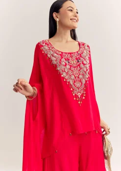 Red Dola Silk Cape Kurta Set With Embroidery
