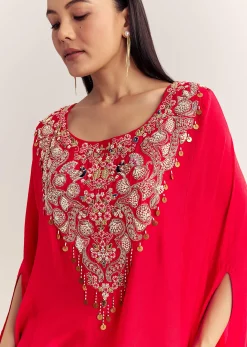 Red Dola Silk Cape Kurta Set With Embroidery