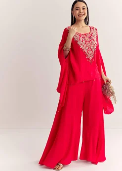 Red Dola Silk Cape Kurta Set With Embroidery