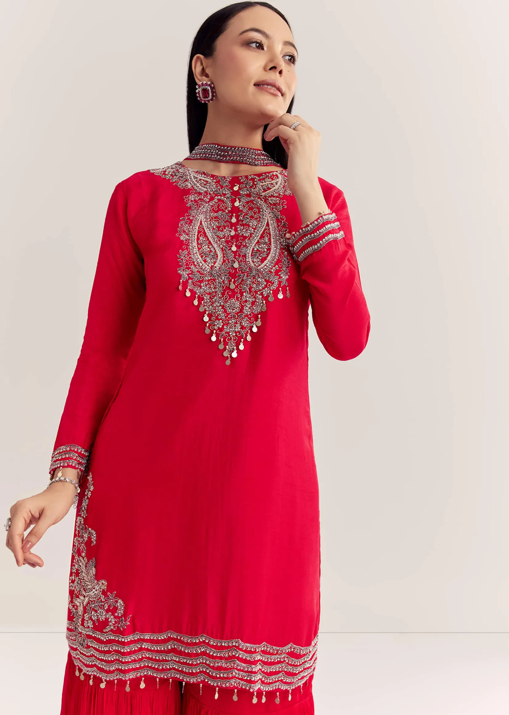 Red Dola Silk Kurta Set With Zardosi And Choker Dupatta