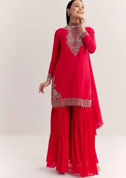 Red Dola Silk Kurta Set With Zardosi And Choker Dupatta