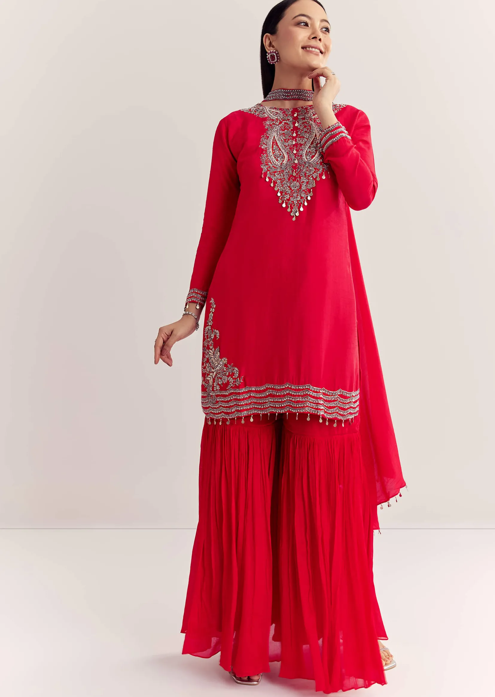 Red Dola Silk Kurta Set With Zardosi And Choker Dupatta