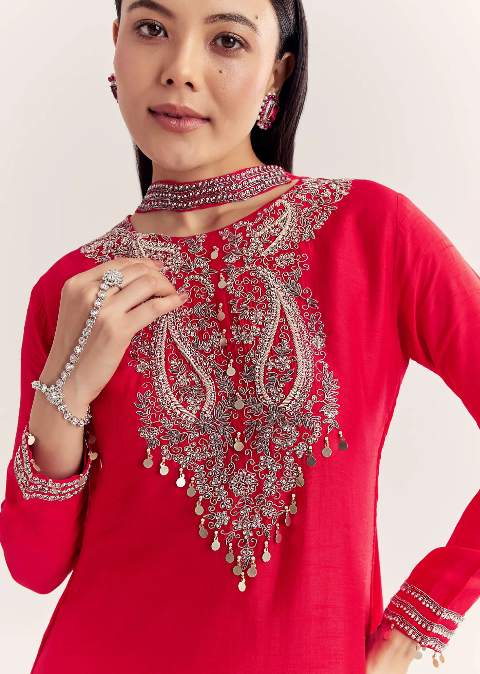 Red Dola Silk Kurta Set With Zardosi And Choker Dupatta