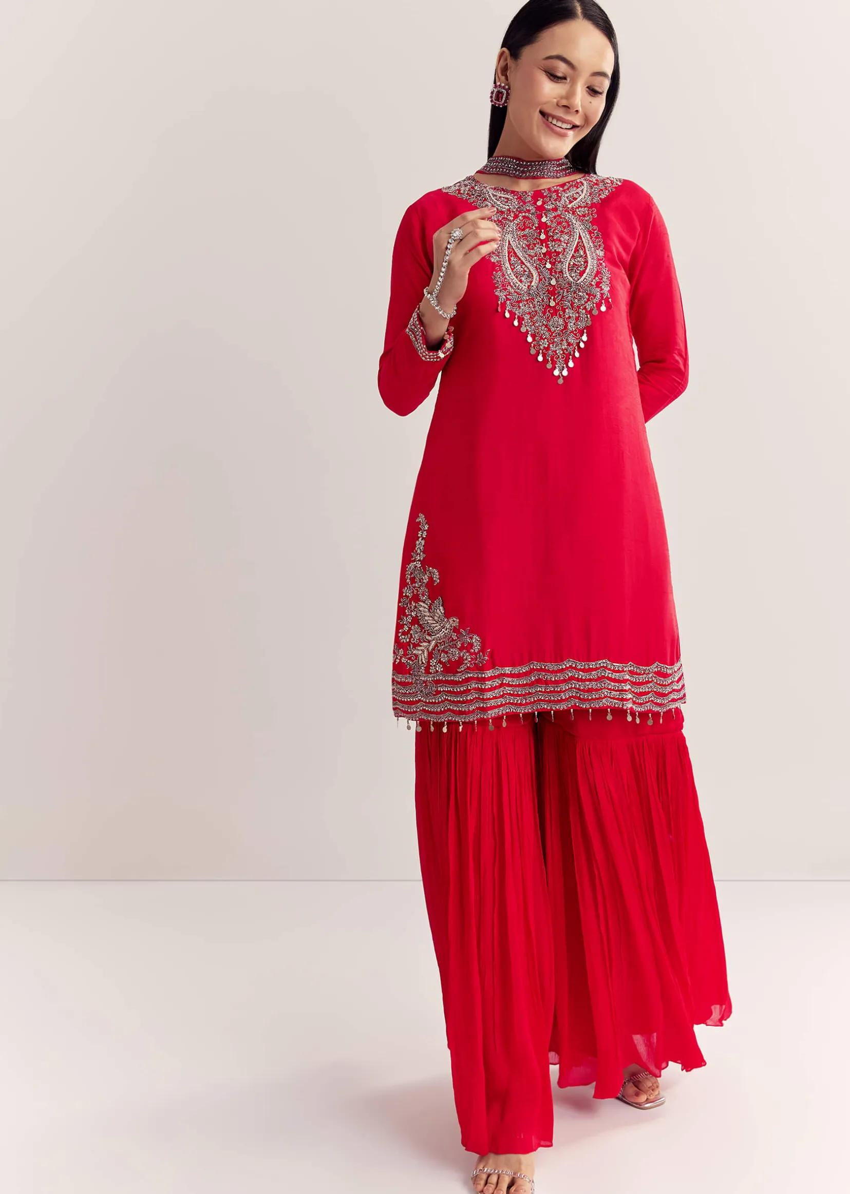 Red Dola Silk Kurta Set With Zardosi And Choker Dupatta