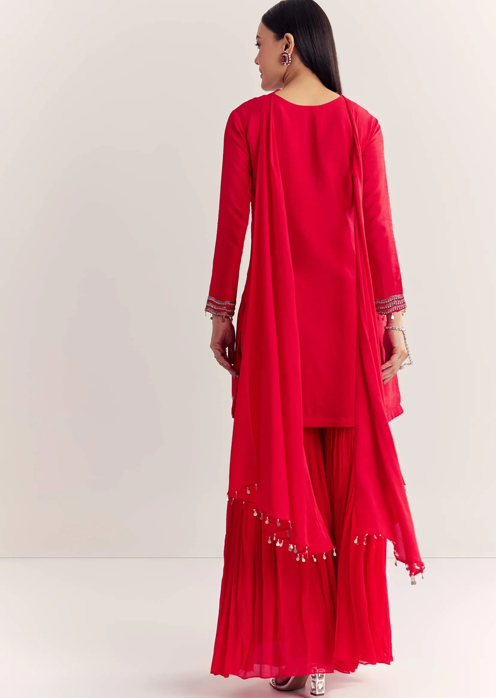 Red Dola Silk Kurta Set With Zardosi And Choker Dupatta