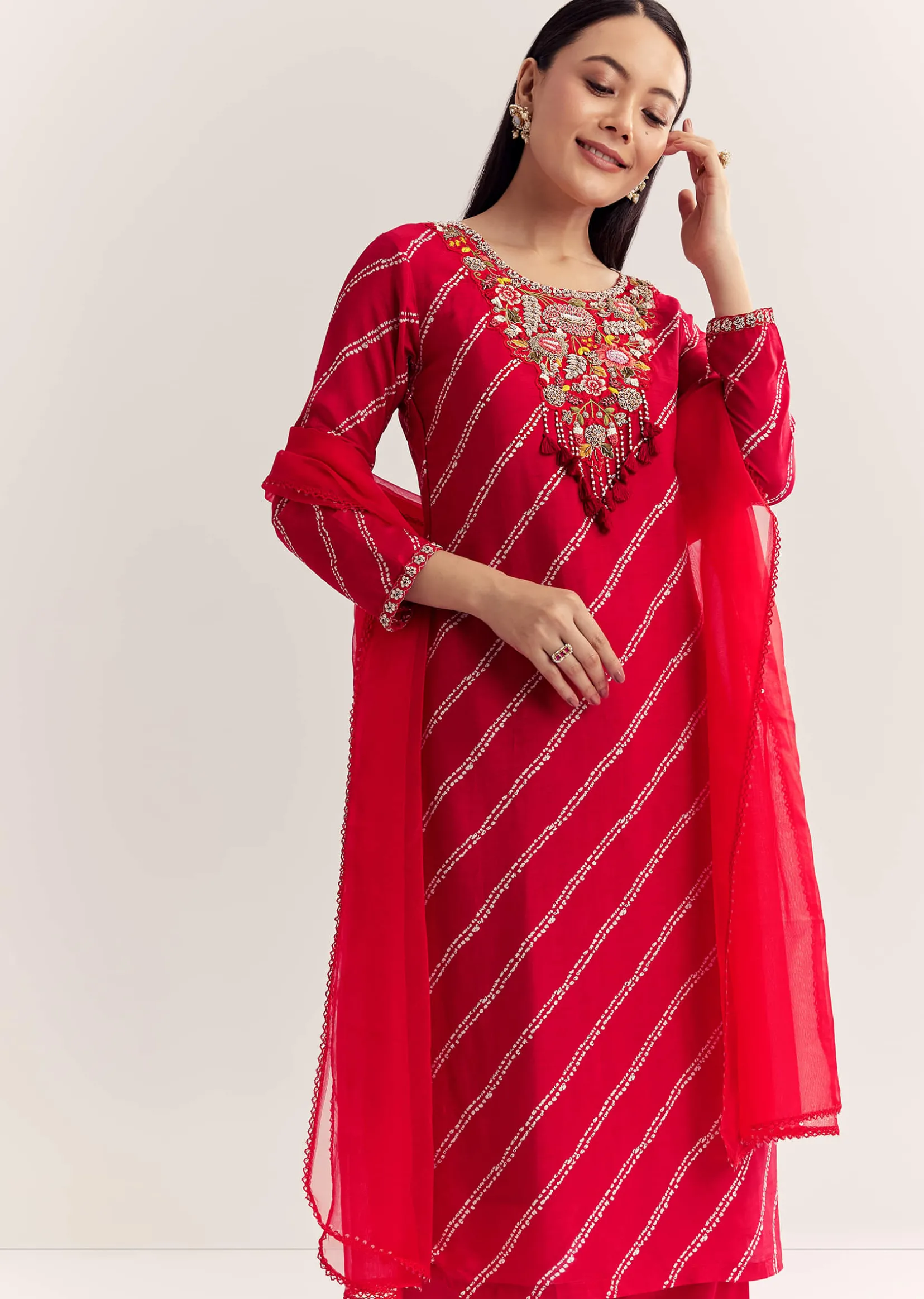 Red Dola Silk Printed Kurta Set With Embroidered Neckline